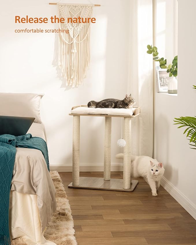 FourFurPets 26.7in Large Cat Tree Tower Condo, Cat Scratch Posts for Indoor Cats, Big Plate, Three 23.6in Full Sisal Scratching Posts, Greige-PawvioPets