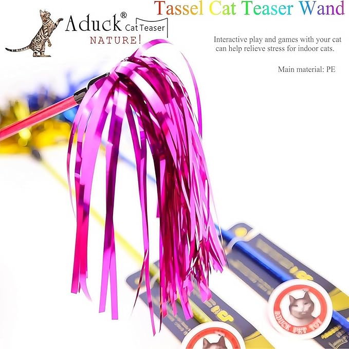 ADUCK Interactive Cat Teaser Wand Toy with Tassels - Durable Cat Chaser for Indoor Kitten Exercise, Boredom Relief & Training Play - Assorted Color, 1 Pack-PawvioPets