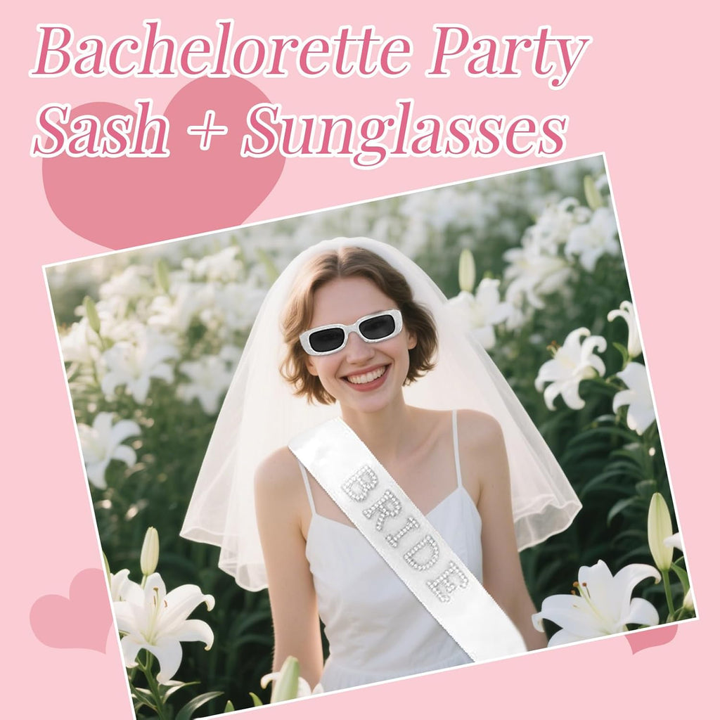 Pearl Bride Sash with Bride Sunglasses- Bachelorette Party Accessories, Bridal Shower Party Favors, Wedding Engagement Gifts