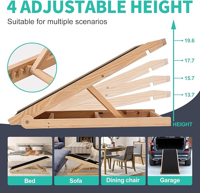 Dog Ramp, Adjustable Height Wooden Folding Pet Ramp for Bed, Couch,SUV-High Traction, Portable Paw Ramps for Small & Large Old Dogs & Cats - Furniture Quality-PawvioPets
