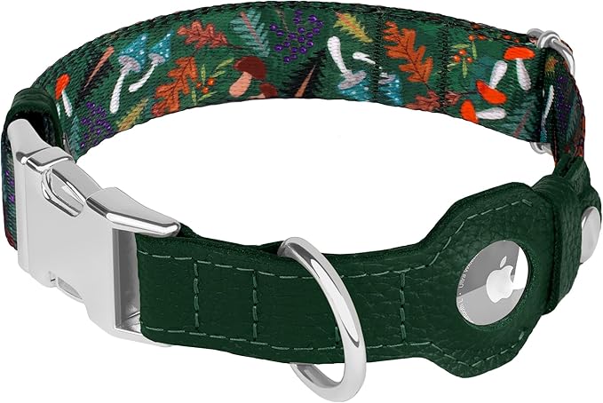 AirTag Dog Collar for Small Medium Large Breed - Adjustable Cute Pattern Dog Collar with Airtag Holder - Soft Leather Tracker GPS Apple Air Tag Pet Collars (Large, 17"-21" Neck Fit, Mushroom)-PawvioPets