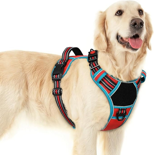 Eagloo Dog Harness for Large Dogs, Easy Wearing with 3 Buckles, Adjustable No Pull Pet Harness with 2 Rings for Walking, No Chock Reflective Soft Padded Vest with Control Handle, Red & Teal, L-PawvioPets