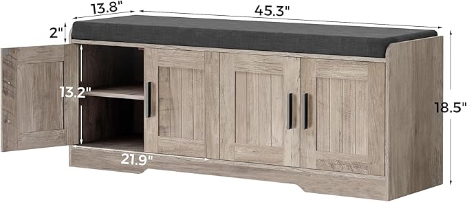 2-Tier Storage Bench, Shoe Bench with Thickened Padded Seat Cushion, Entryway Bench with 4 Doors, Adjustable Shelf, 13.8" D x 45.3" W x 18.5" H, for Entryway, Living Room, Bedroom, Greige-PawvioPets