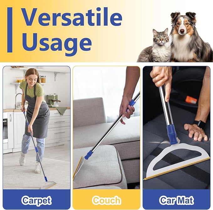 12”Wide Large Metal Carpet Rake Pet Hair Removal Broom, 54" Thicker Handle Low Pile Carpet Brush, Dog Cat Pet Hair Remover, Embedded Fur Pro Clean Removal Tool, Rug Couch Stair Scraper-PawvioPets