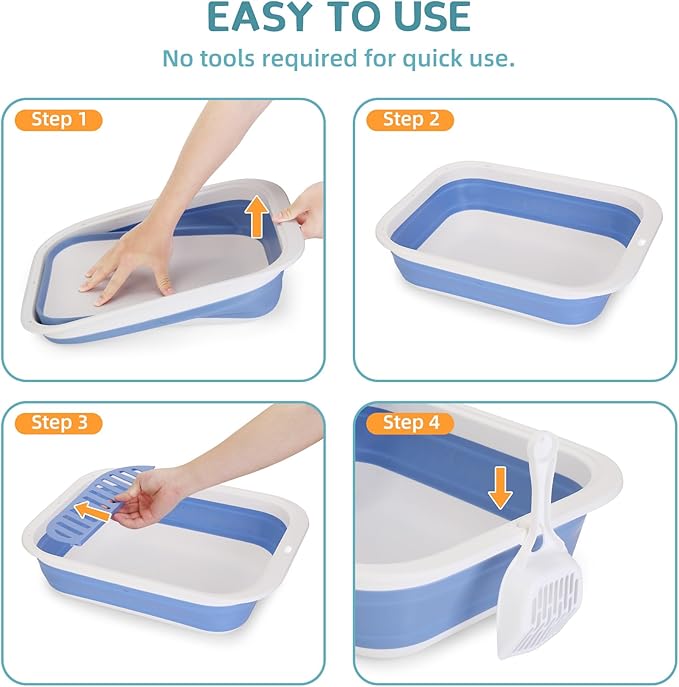 Collapsible Kitten Litter Box, ShineMe Open Top Small Cat Litter Box with Scoop and Litter Bag, Anti-Splash Waterproof Kitty Toilet Potty Pan for Sick Frail Cat 17" x 13.5", Blue-PawvioPets