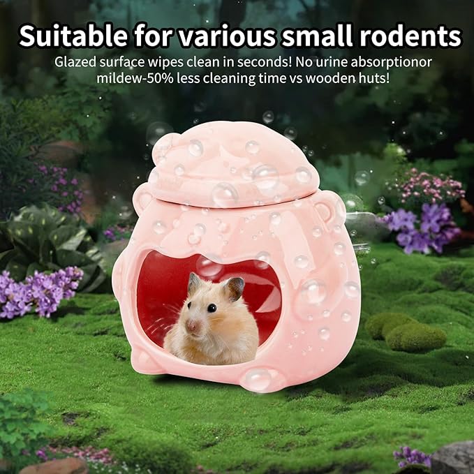 3-in-1 Bear Shaped Ceramic Hamster House - Cool House for Syrian Dwarf Hamsters, Mice, Gerbils， Small Pets, Top for Hamster Food, Removable Lid for Ice Packs, Cute Cool Hideout for Summer（Pink）-PawvioPets
