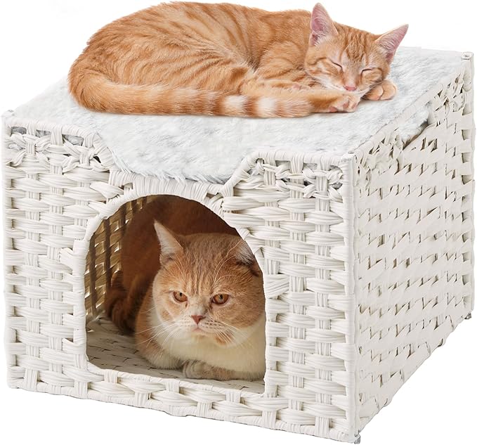 Cat Beds Indoor Kitten House, Handwoven Rattan Cat Cave Pet Cube, Large Cat Houses, One Bed Mat, Foldable, Hideaway, 16.5x16.5x13.2 Inches, 2 S-Shaped Hooks in Living Room Bedroom White-PawvioPets