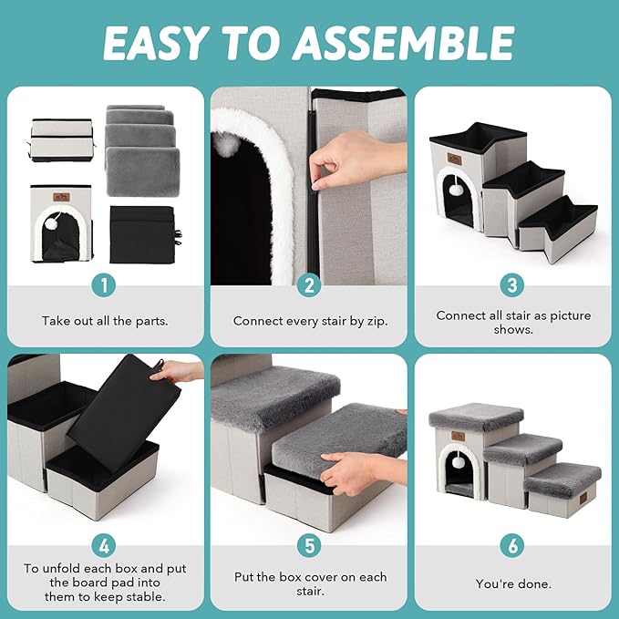 Dog Stairs for Small Dogs with Storage and Condo, 14" H Foldable Pet Stairs for Small Medium or Puppy Dogs and Older Cats, Dog Steps for Bed or Couch, 13x27x14 inch, 3 Tiers, Grey-PawvioPets