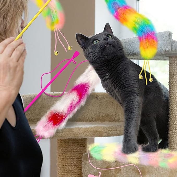 4 Pack Cat Wand Toy, Rainbow Cat Feather Toys with Bells, Teaser Wand with Soft Furry Tail, Interactive Toys for Indoor Cats & Kitten & Kitty-PawvioPets