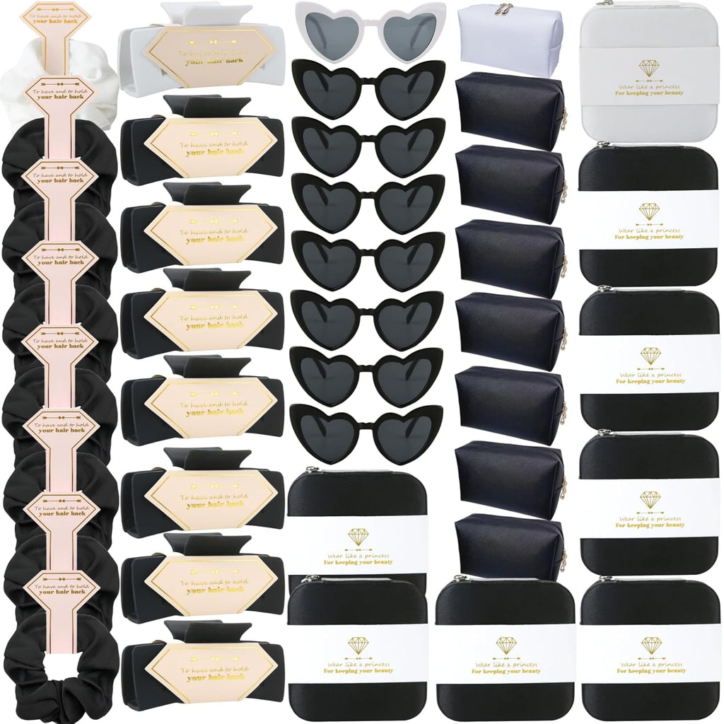 Bridesmaid Scrunchies Proposal Gifts Bachelorette Hair Claws Clips Girls heart sunglasses for Wedding Party Favors (40, White&Black box)