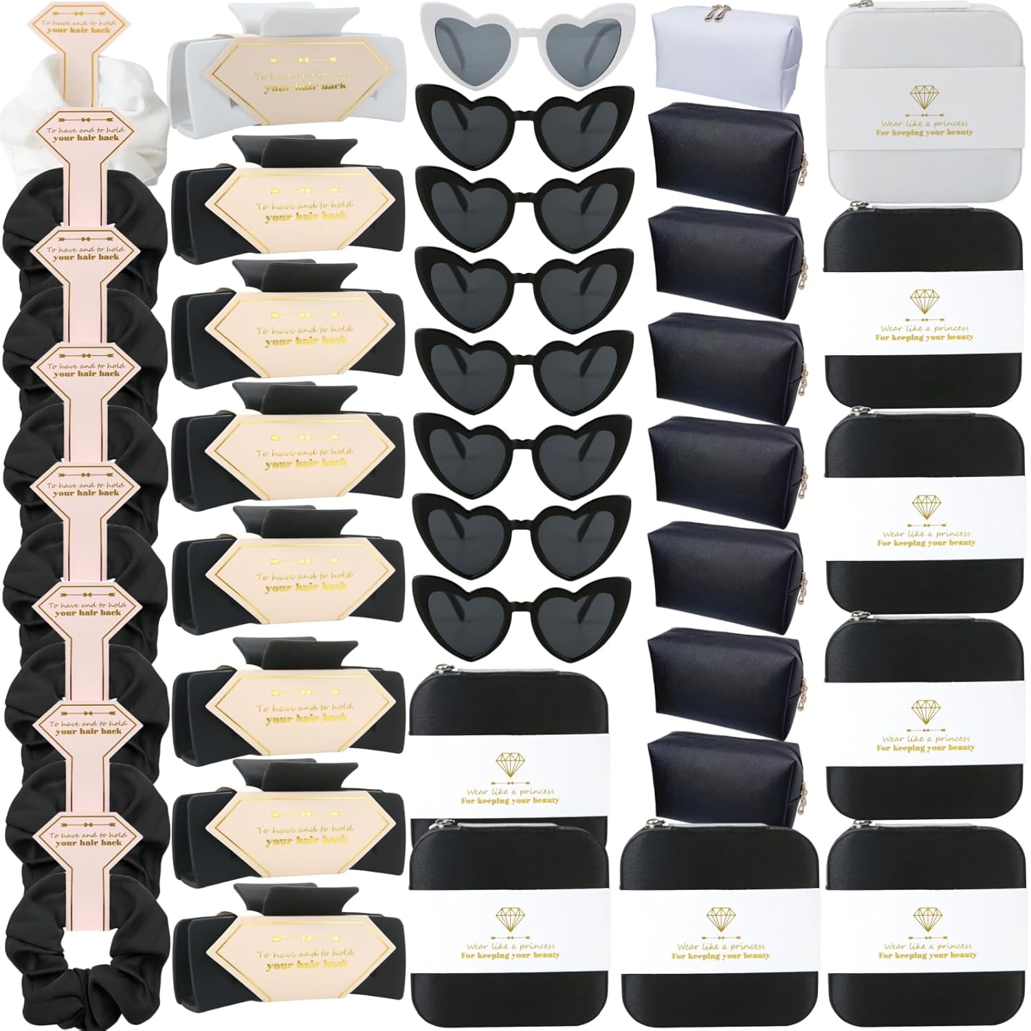 Bridesmaid Scrunchies Proposal Gifts Bachelorette Hair Claws Clips Girls heart sunglasses for Wedding Party Favors (40, White&Black box)