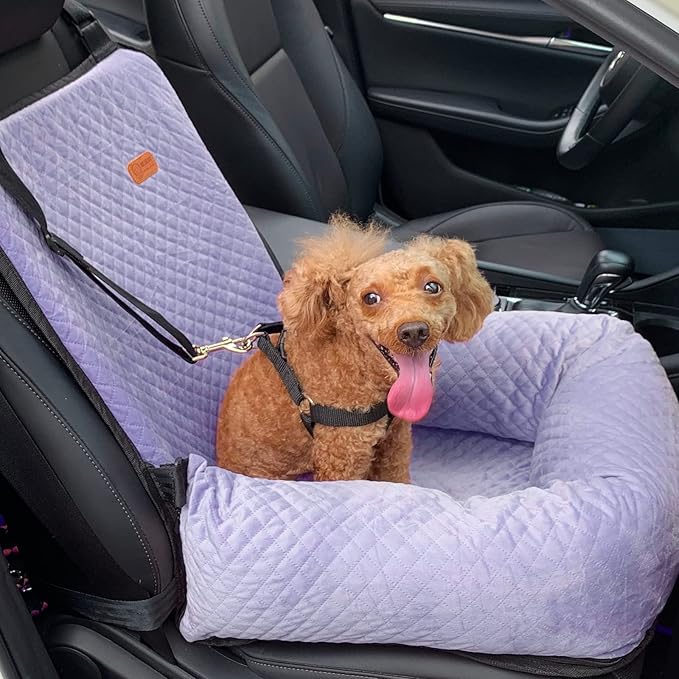 Dog Car Seat for Small Medium Dogs Up to 40lbs, Detachable Washable Soft Pet Booster Travel Bed for Front & Purple Seat with Safety Leash Belt-PawvioPets
