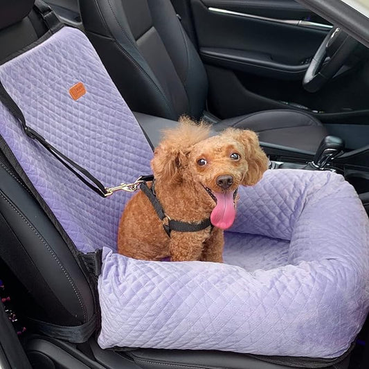 Dog Car Seat for Small Medium Dogs Up to 40lbs, Detachable Washable Soft Pet Booster Travel Bed for Front & Purple Seat with Safety Leash Belt-PawvioPets
