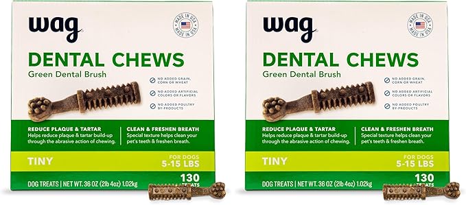 Amazon Brand - Wag Dental Dog Treats to Help Clean Teeth & Freshen Breath - Tiny, Unflavored, 2.25 pounds, 130 Count (Pack of 2)-PawvioPets
