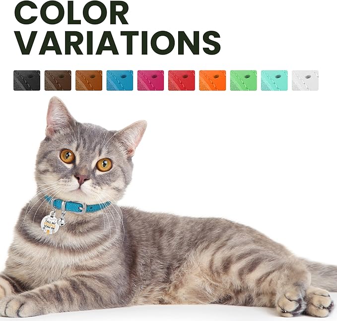 BRONZEDOG Leather Cat Collar with Removable Bells Non Breakaway Kitten QR Tag for Girl Boy (7" - 9" for Cats, Blue & Silver)-PawvioPets
