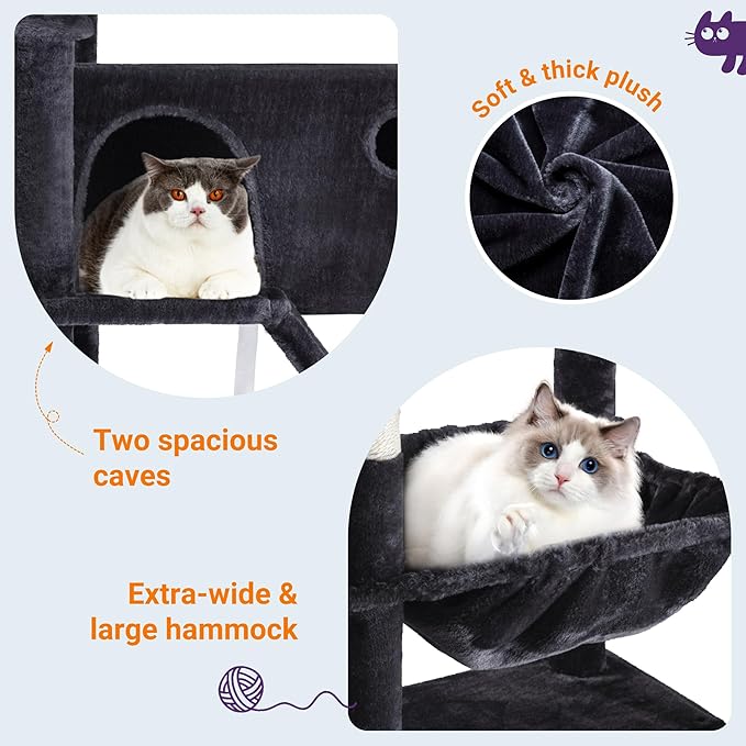 Allewie 81 Inches Tall Cat Tree/Multi-Level Large Climbing Tree House and Towers for Big Feline/Condo and Hammock/Scratching Post/Wide Base/Dark Grey-PawvioPets