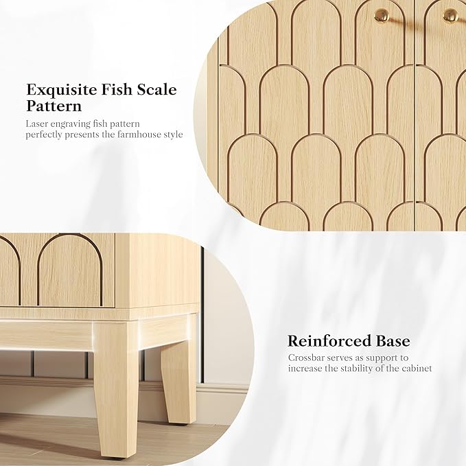 Farmhouse Storage Cabinet, Modern Buffet Sideboard with Doors, Fish Scale Pattern, Boho Cabinet for Dining Room, Natural, 2 Pieces-PawvioPets