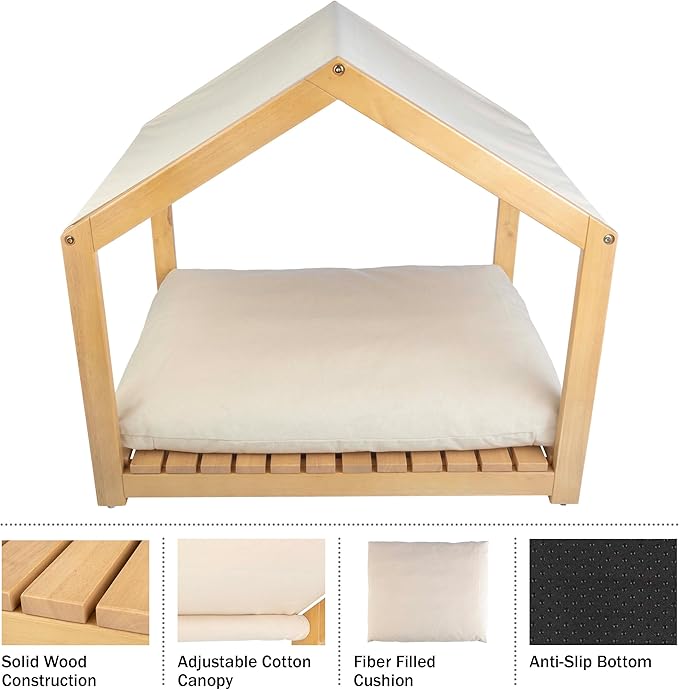 Dog House - 30x24-Inch Indoor Dog House with Soft Cushion and Adjustable Canopy - Wood Dog Furniture for Small to Medium Pets up to 70lbs by PETMAKER-PawvioPets