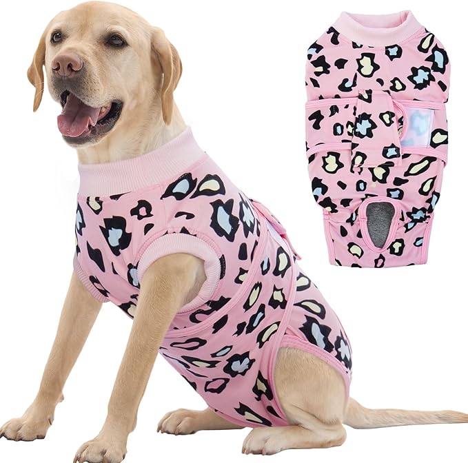 FUAMEY Recovery Suit for Dogs After Surgery,Soft Breathable Dog Bodysuit E-Collar & Cone Alternative Surgical Suit,Male Female Dog Neuter Spay Suits Anti Licking Wounds Onesie Pink Leopard XXL-PawvioPets