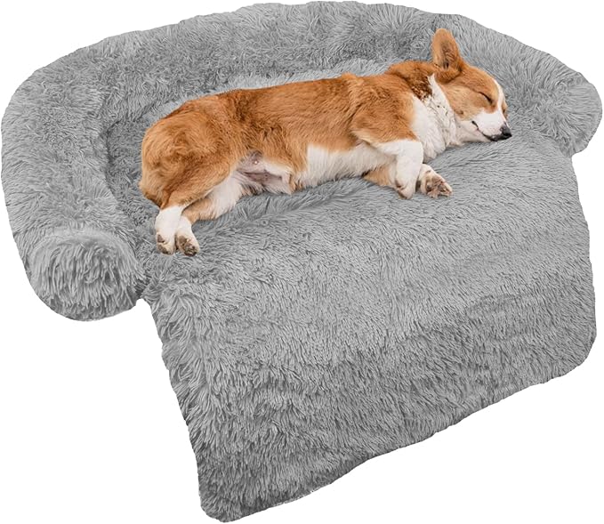 GGIB Calming Dog Bed Fluffy Plush Dog Mat for Furniture Protector with Removable Washable Cover for Large Medium Small Dogs and Cats (Medium, Grey)-PawvioPets