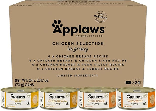 Applaws Natural Wet Cat Food in Gravy, Limited Ingredient Canned Wet Cat Food, No Additives, Made with Natural Ingredients, Chicken Selection in Gravy Cans (24 x 2.47oz Cans)-PawvioPets