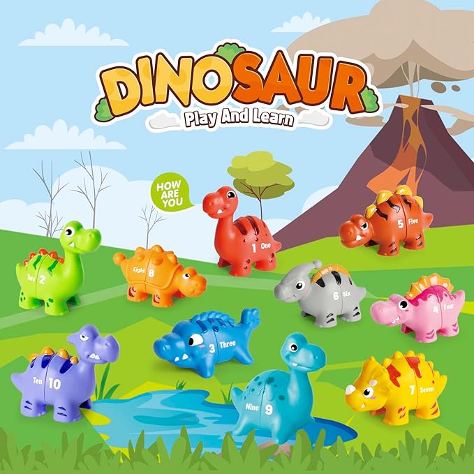 20 PCS Dinosaur Number Learning Toys for Toddlers Kids 3-5, 10 Different Dinosaur Figures, Double Sided Number Matching Game, Preschool Activities Montessori Fine Motor Toys for Toddlers Kids-PawvioPets