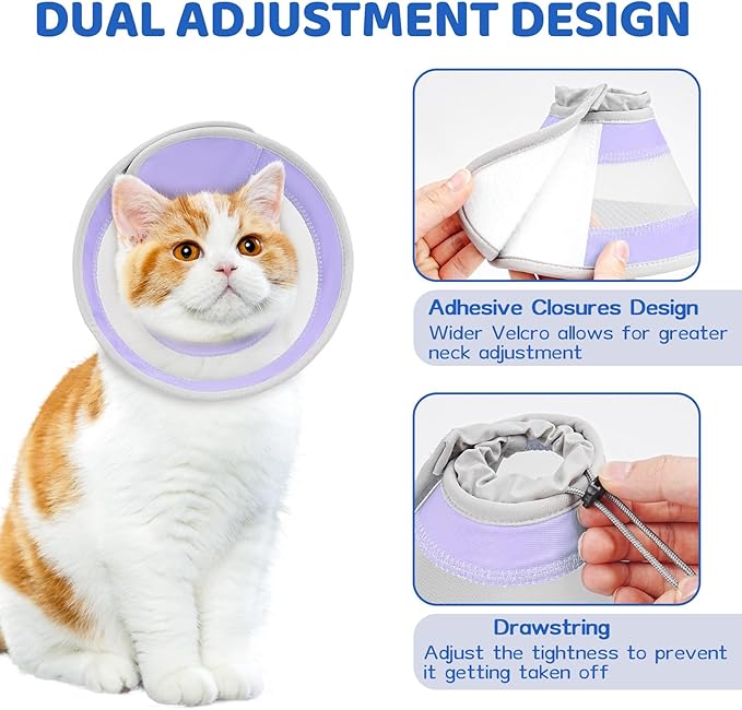 Breathable Air Mesh Cat Cone Collar Soft to Stop Licking, Adjustable, Foldable Lightweight Kitten Cones After Surgery Recovery for Cats & Kittens (Light Purple, S)-PawvioPets