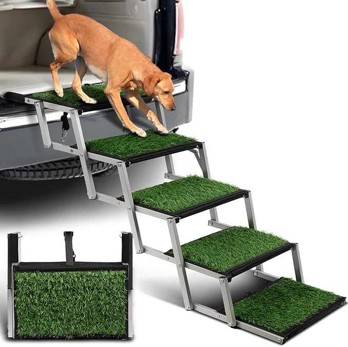 Extra Wide Dog Stairs for Car, Portable Folding Dog Steps for Large Dogs with Non-Slip Grass Rug for Cars, SUV, Trucks, Lightweight Pet Ramps Supports Up to 200 lb, 5 Steps-PawvioPets