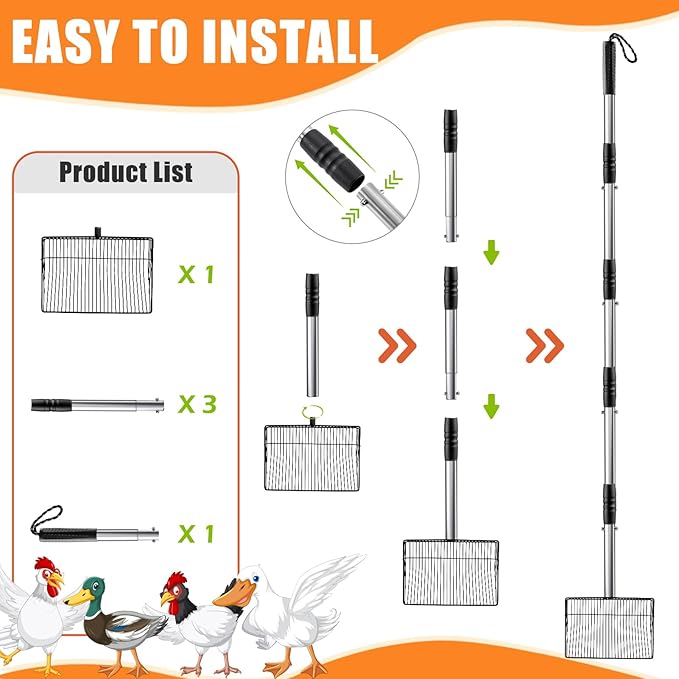 Esmorah 10 Inch Large Metal Chicken Poop Scooper for Sand & Coop Cleaning - Long Sifting Shovel with 24"-68" Adjustable Handle, 5 Lengths Heavy Duty Stainless Steel-PawvioPets