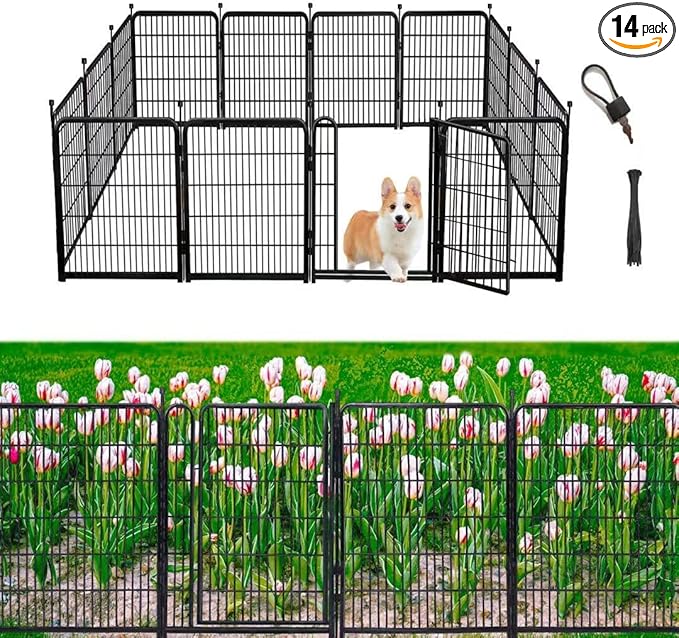 Garden Fencing 36 inch High, 14 Panels Total 31 Ft(L), Gate 21 inches Wide with Low Sills. Garden Fence with Gate, Anti Dig Fence Barrier, Flower Bed Fencing, Dog Fences for The Yard-PawvioPets