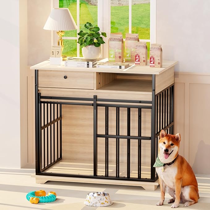 35.5" Dog Crate Furniture, Wooden Dog Crate Furniture for Medium Small Dogs, Wooden Dog Kennel End Table with Drawer and Open Shelves, Sliding Door Dog Kennel Furniture-PawvioPets
