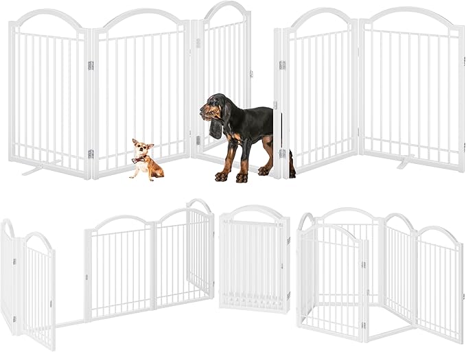 BHG Metal No-Assembly Freestanding Dog Gate with Door Walk Through, Extra Wide 120", Extra Tall 32" Pet Gate, Accordion Puppy Folding Playpen Dog Fence, with 2PCS Support (White, 5 Panels)-PawvioPets