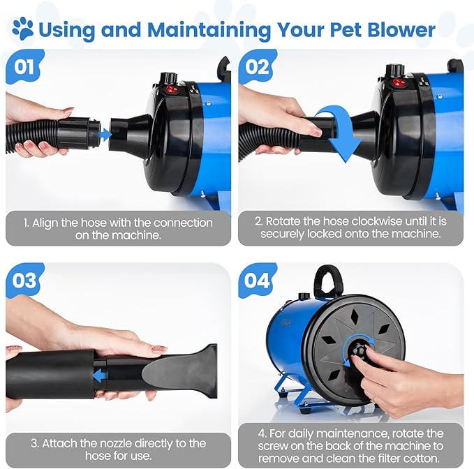 Dog Dryer, 5.2HP/3800W High Velocity Dog Hair Dryer with 4 Nozzles, Stepless Adjustable Speed & Temperature Control, Low Noise Professional Dog Grooming Dryer (Blue)-PawvioPets