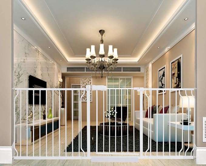 ALLAIBB Extra Wide Pressure Mounted Baby Gate Walk Through Child Kids Safety Toddler Tension White Long Large Pet Dog Gates with Extension for doorways Kitchen (76.38"-81.10"/194-206cm)-PawvioPets