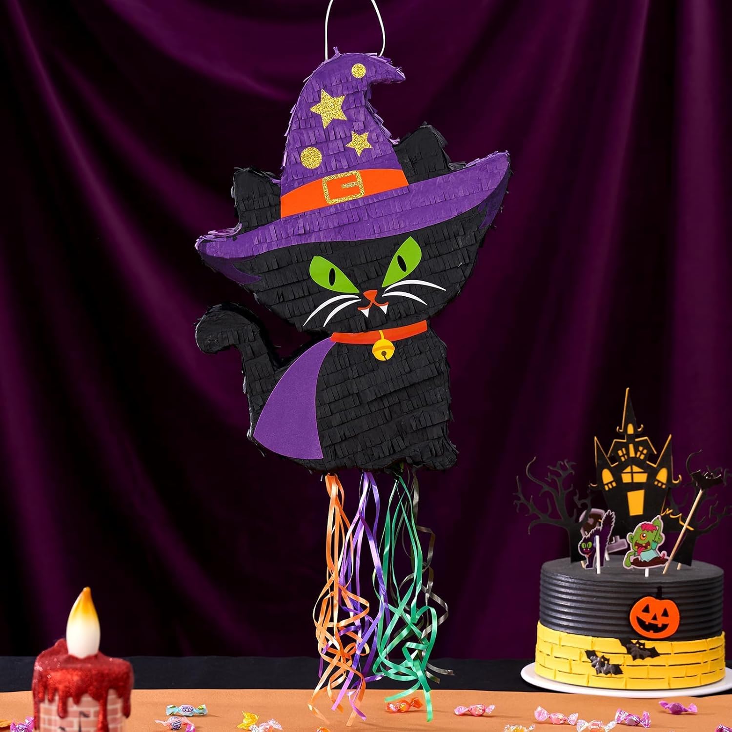 WERNNSAI Halloween Cat Pinata - Halloween Party Decorations Black Cat Pinata Witch Hat for Kids Hallows Eve Birthday Theme Party Games Supplieswith Stick & Blindfold