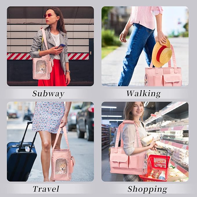 Dog Carrier, Cat Carrier, Pet Carrier, Foldable Waterproof Premium PU Leather Oxford Cloth Dog Purse, Portable Tote Bag Carrier for Small to Medium Cats and Small Dogs (Pink)-PawvioPets