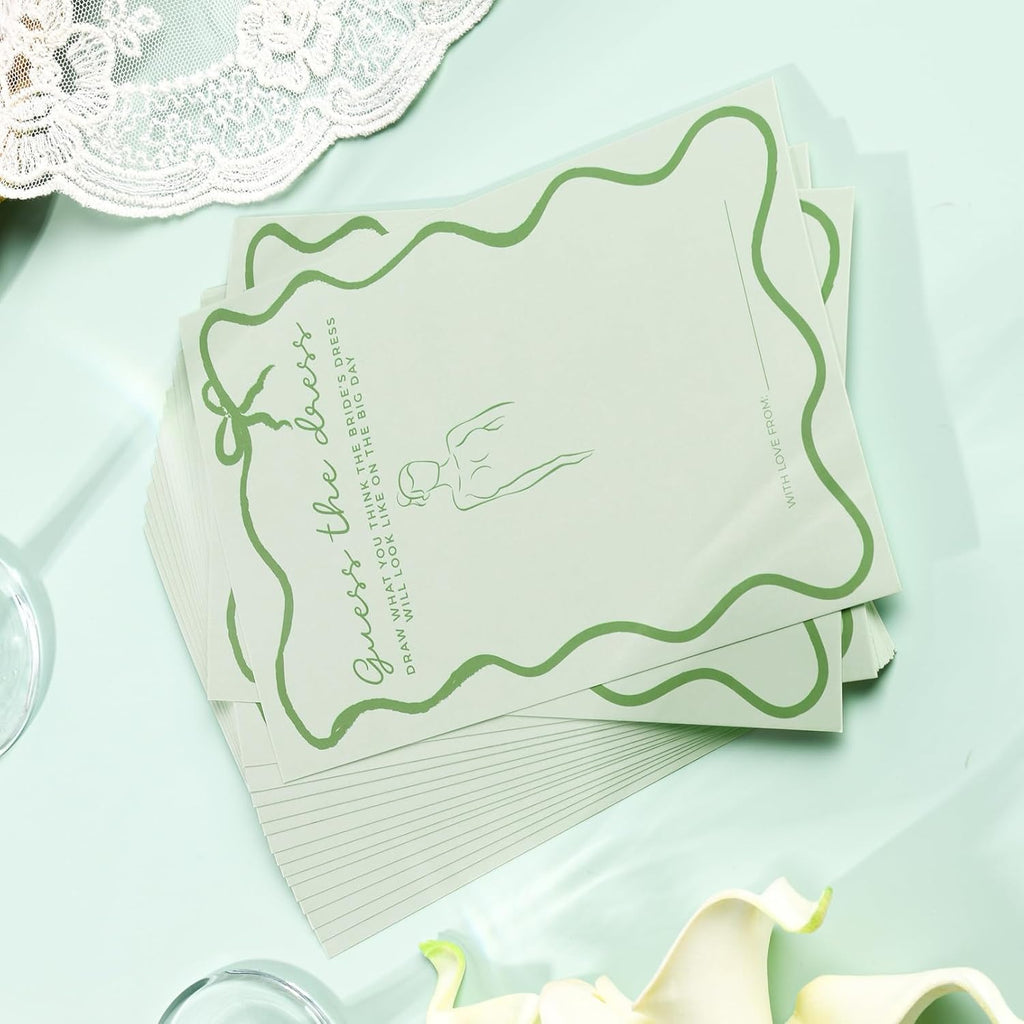 DEEKA 30 PCS Bridal Shower Games Card for 30 Guests Sage Green Wavy Border Ribbon Bow Funny Wedding Bachelorette Party Games for Reception (Guess The Dress)