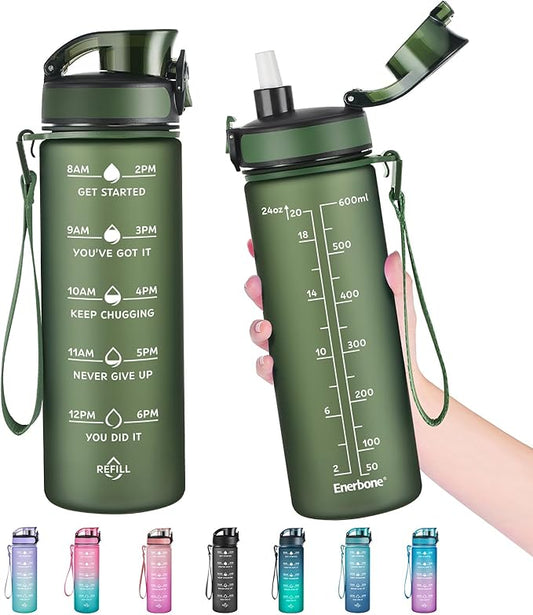 Enerbone Water Bottle, Leakproof BPA & Toxic Free, Motivational Water Bottle with Times to Drink and Straw, Fitness Sports Water Bottle with Strap for Office, Gym, Outdoor Sports-PawvioPets