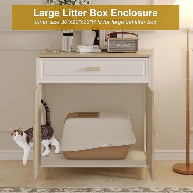 Cat Litter Box Enclosure Furniture Hidden - Indoor 2-in-1 Wooden Cat House & Washroom Cabinet with Scratching Board Doors and Drawer, 31.5”x21.6”x34.6”H-PawvioPets