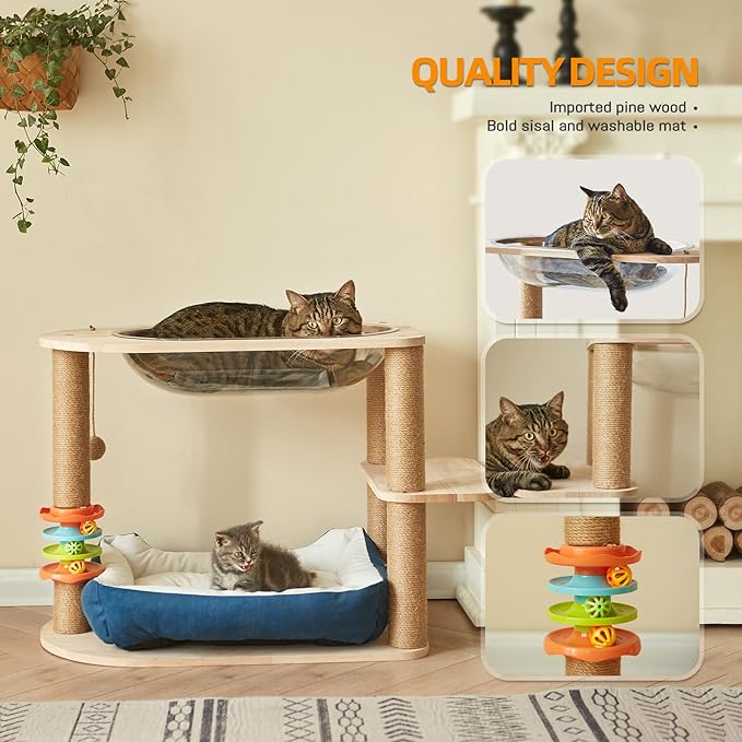 2 Tier Cat Tower,21.85 in cat Perch Wood cat condo with Hammock and Sisal Rope Scratcher Post Hanging Toy Balls for Indoor Large Cats Kittens (Blue)-PawvioPets