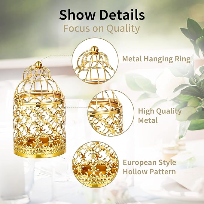 6 Pcs Small Metal Tealight Hanging Birdcage Lantern, Vintage Decorative Centerpieces of Wedding, Party, Gold-PawvioPets