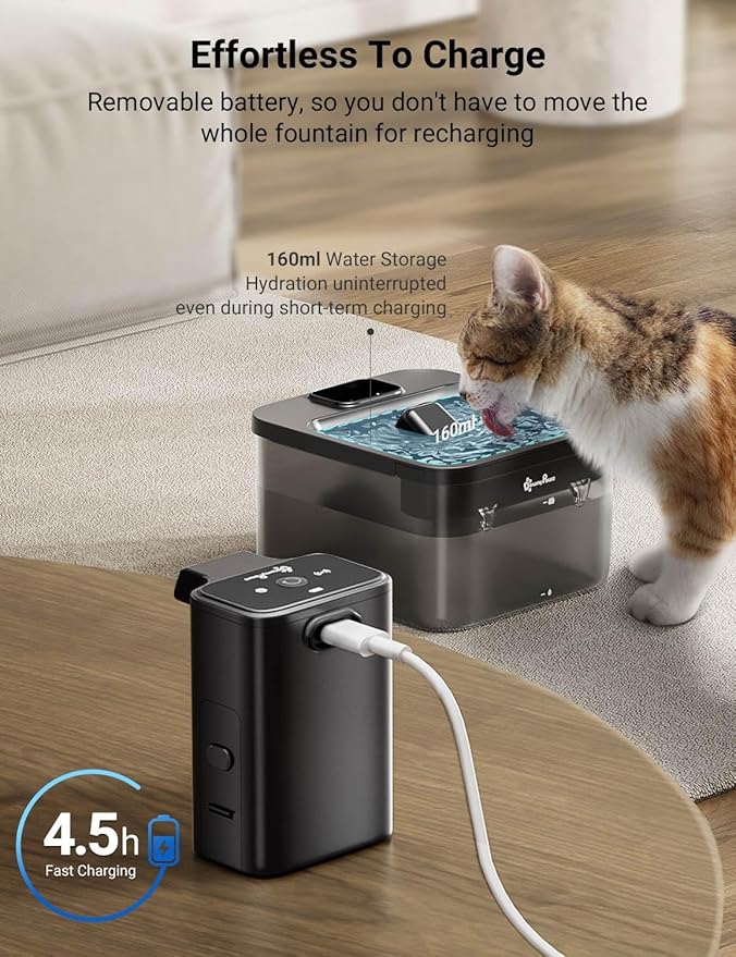 DownyPaws Cat Water Fountain Cordless, 84oz/2.5L Fursink Wireless Pet Water Fountains for Cats Indoor, Battery Operated Cat Drinking Fountain with Motion Sensor, Ultra Quiet Pump, BPA-Free, Black-PawvioPets