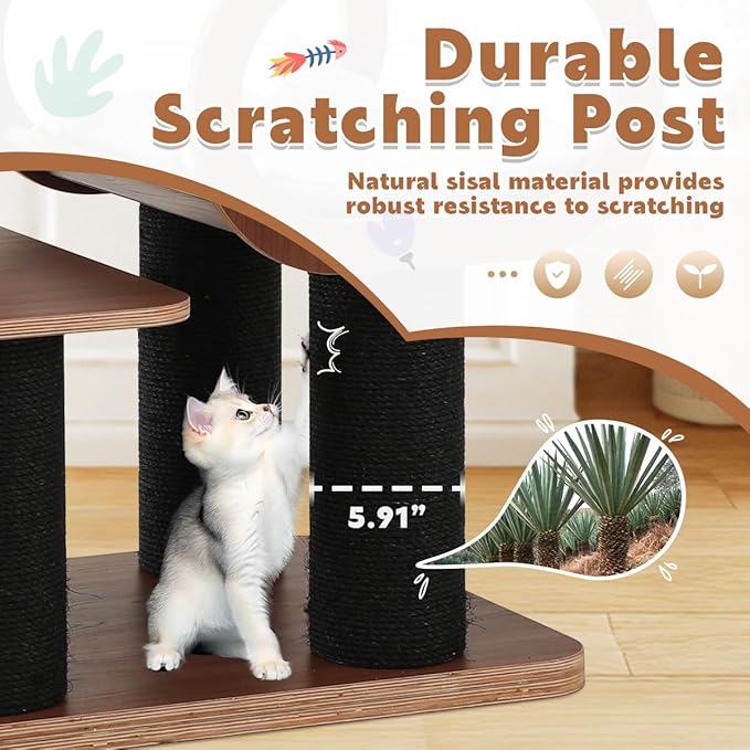 70.9'' Black Cat Tree for Indoor Cats Large Adult, Heavy Duty Cat Tower with Scratching Post, Modern Kitty Tree with Removable Mats, Semi-closed Condo and Transparent Bowl, Wooden Luxury Cat Furniture-PawvioPets