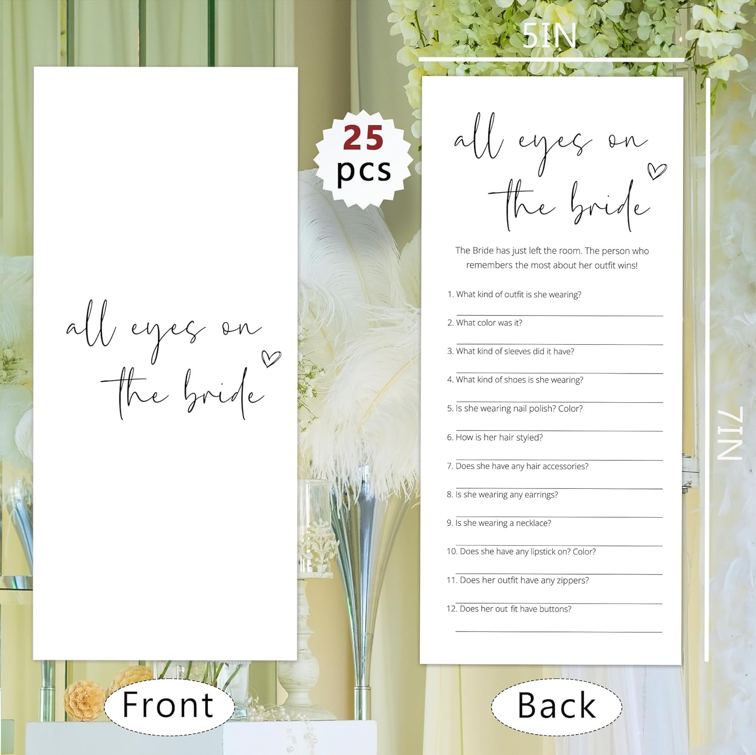 Bridal Shower Games, All Eyes On The Bride, 25Pcs 4x9inch Minimalist White Double-Sided Bridal Game Cards, Wedding Shower Games for Guests, Engagement Bachelorette Party Supplies - A20