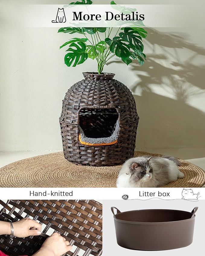 Cat Litter Box Plant Furniture Enclosure, Hidden Handwoven Rattan with Cat Litter Box and Artificial Plants, Odor Control Filter, Real Stones in Living Room, Bedroom, Corner (Brown)-PawvioPets