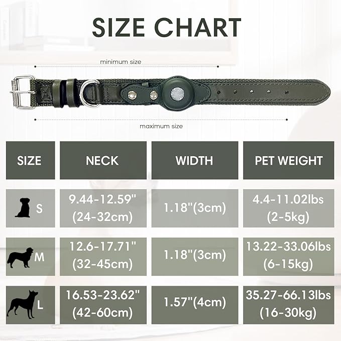 AirTag Dog Collar Soft Leather Webbing Dog Collar for AirTag Provides Double Protection for Small Medium and Large Dogs(Green,S)-PawvioPets