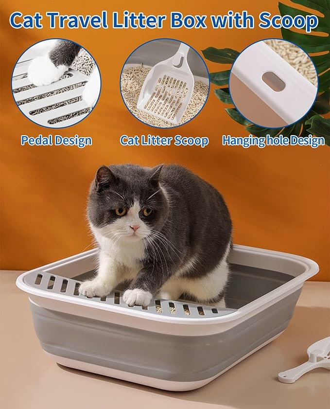 BNOSDM Collapsible Small Cat Litter Box for Kittens Open Potty Pan Foldable Cat Toilet with Scoop Senior Kitty Travel Shallow Litters Boxes Anti-Splash Waterproof Grey 17.7"×13.4"-PawvioPets