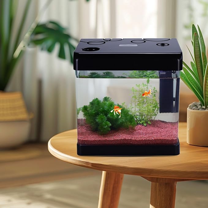 Betta Fish Tank Starter Kits, 5 Gallon Fish Tank with Heater Filter and Light, Self-Cleaning Small Fish Tank(Black).-PawvioPets