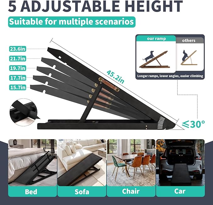Dog Ramp, 5 Level Adjustable Wooden Folding Pet Ramp for Middle Bed, Couch,SUV-High Traction, Portable Paw Ramps for Small & Large Old Dogs & Cats - Furniture Quality-PawvioPets