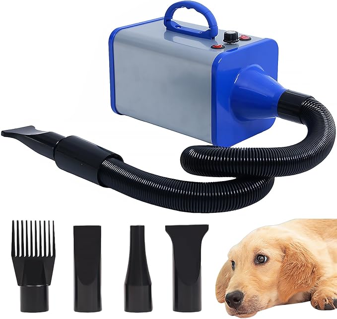 2400w 75m/s Dog Dryer for Pet Grooming, High Velocity Pet Hair Dryer with Heater, Adjustable Speed, 4 Nozzles and a Comb, Blue-PawvioPets